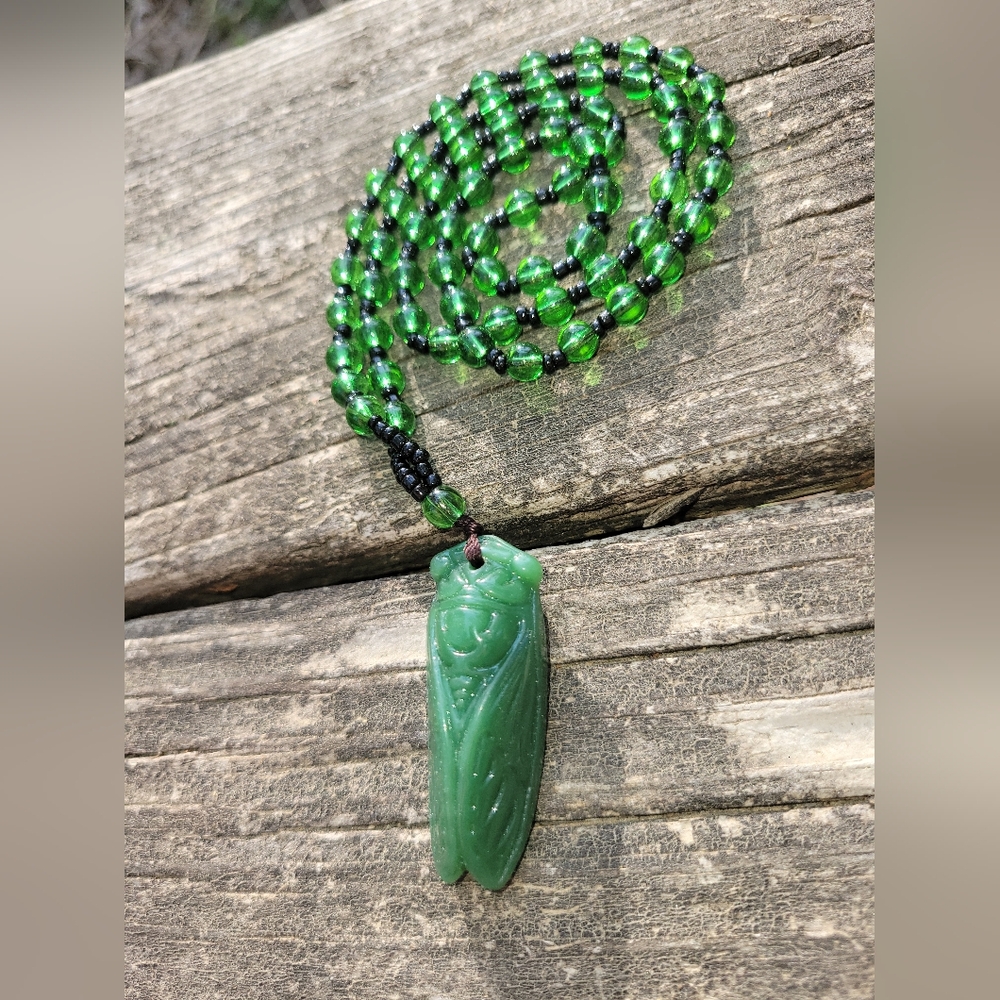 Green Beaded Necklace with Cicada Pendant